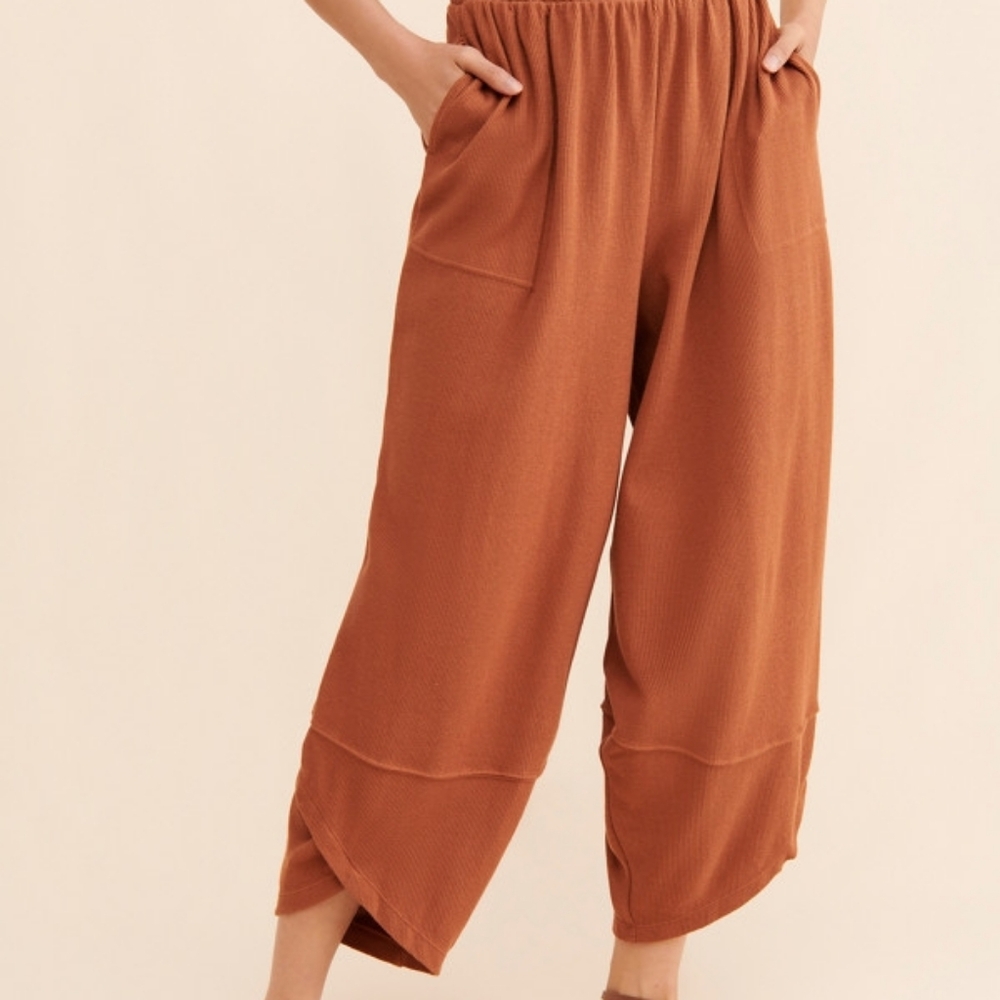 FP Beach (Sz S) Oversize Rust Stretch Slip Pockets Leo Slouchy Waffle Knit Pants